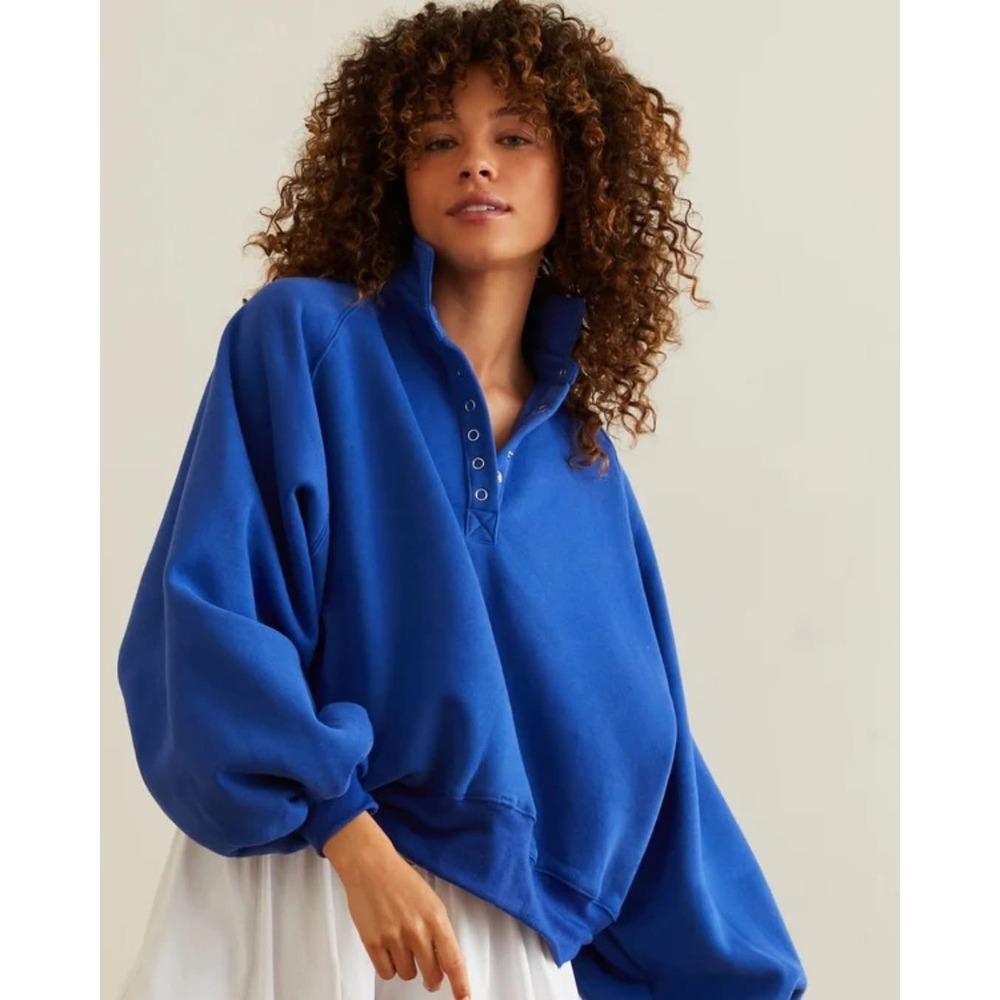 AS Revival Cobalt Blue Snap Henley Balloon Sleeve Sweatshirt Size 3XL